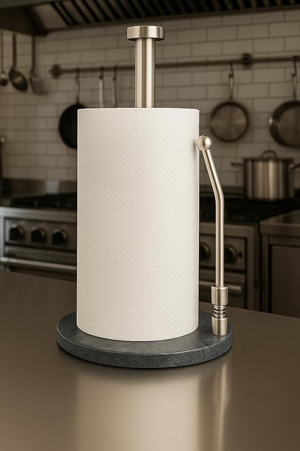 Paper Towel Holder with Marble Base – Weighted Countertop Stand, One-Hand Tear, Stainless Steel Rod, Natural Stone Base, Available in Gray & White Marble