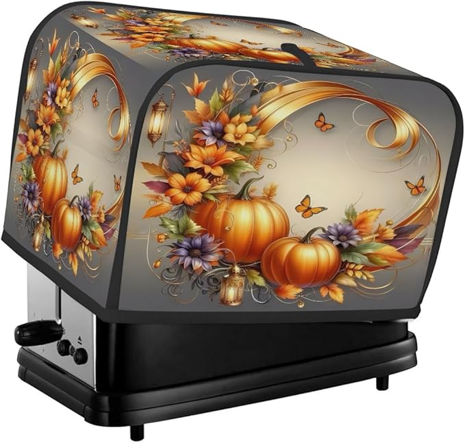 Art Fall Pumpkin Flower Toaster Cover 4 Slice Dust and Fingerprint Protection Toaster Bread Maker Covers Washable Kitchen Small Appliance Covers for Kitchen Accessories Decor Bakeware Women Gift