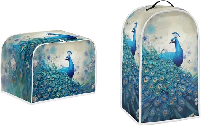 Blue Peacock Print Appliance Covers Set Washable Kitchen Blender Dust Cover Bread Maker Toaster Cover 2 Slice Kitchen Accessories