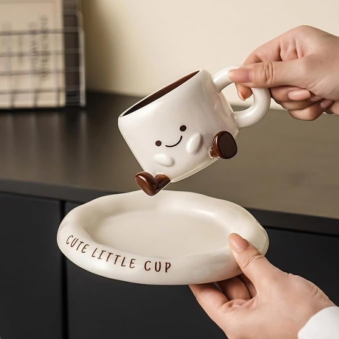 Ceramic Coffee Mug with Saucer Set, 6.8oz Cute 3D Ceramic Mug with Saucer, Face Tea Cup Espresso Cups for Coffee Tea Hot Chocolate, Microwave & Dishwasher Safe (White)