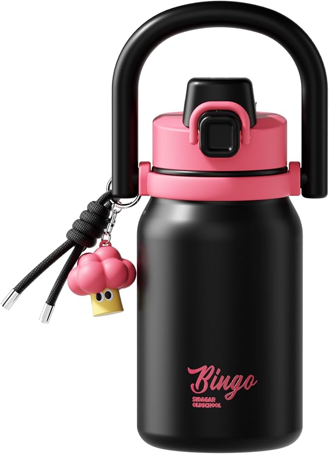 32 oz Insulated Water Bottle for Women with Straw & Handle, 316L Medical Grade Stainless Steel Tumbler, Leakproof Flask for Streetwear, Cafe Time & Trendy Aesthetic Gift, Cute Punk Black