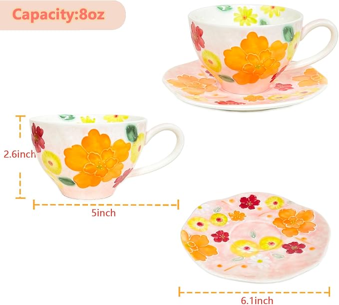 Noviko Flower Coffee Mug with Saucer Set Ceramic Tea Cup Flower Mugs for Women 8 oz