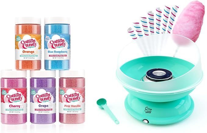 Cotton Candy Express BB1000-S Cotton Candy Machine, with 5-11oz. Jars of Cherry, Grape, Blue Raspberry, Orange, Pink Vanilla Floss Sugar & 50 Paper Cones Easy to Use and Clean