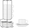 3 Ounce Espresso Cups Set of 4, White | Stackable Demitasse Mugs, Includes Display Stand, Coffee Cups Saucers, and Spoons, for Machines & Home Use, Silver Stand