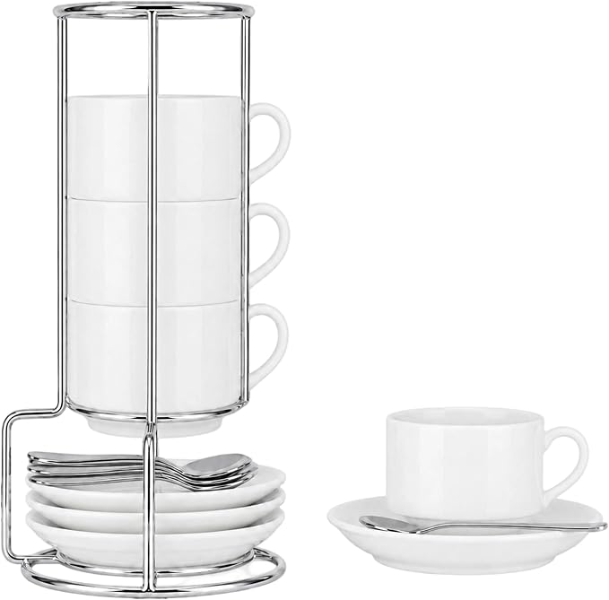 8 Ounce Cappuccino Cups Set of 4, White | Stackable Cappuccino Mugs, Includes Display Stand, Cups Saucers, and Spoons, for Machines & Home Use, Silver Stand