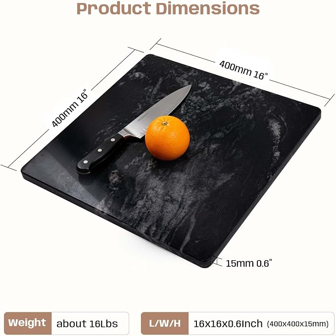 Marble Cutting Board For Kitchen, 16x16 Inch Pastry Board, Black Marble Slab With Non-Slip Feets For Cheese, Candy, Baking, Chocolate, Pack Of 1 Piece