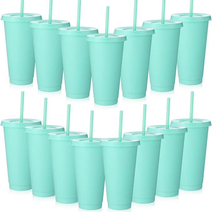 Honeydak 15 Pack Tumbler with Straw and Lid Bulk Cups for Gifts Glitter Plastic Coffee Cups 24-27 oz Reusable Water Bottle Iced Coffee Travel Mug Party Favors for Birthdays Travel (Mint Green)
