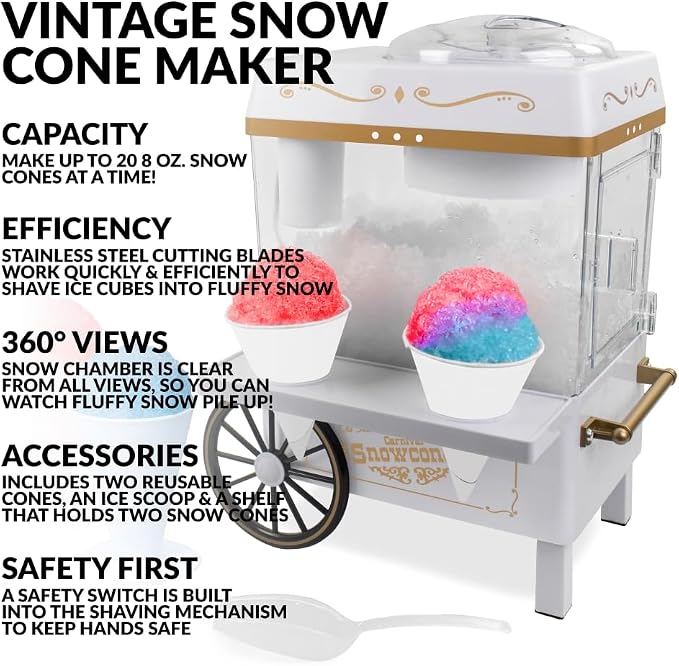 Nostalgia Snow Cone Shaved Ice Machine - Retro Table-Top Slushie Machine Makes 20 Icy Treats - Includes 2 Reusable Plastic Cups & Ice Scoop - White