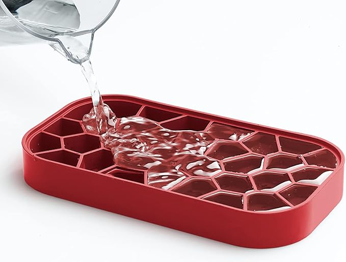 Lékué Ice Box | Red | Ice Cube Tray For Freezer With Lid & Bin | Made With 100 Percent Platinum Silicone | Elegant And Retro Style Ice Cubes | For Cocktails, Ice Tea & Coffee And More |