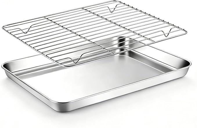 Onader Baking Sheet with Cooling Rack Set, 9¼ x 7 Inch Small Cookie Sheets for Baking, Stainless Steel 1/8 Sheet Pan and Wire Rack Set, Metal Toaster Oven Pan Tray, 1 Pan + 1 Rack