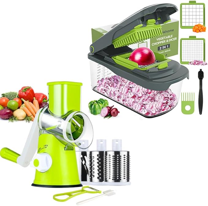 Ourokhome Rotary Cheese Grater Hand Crank, Kitchen Shredder Speed Mandolin Slicer Nuts Grinder with Handle,Vegetable Chopper Onion Cutter with Container, Multifunctional Food Chopper Veggie Dicer with