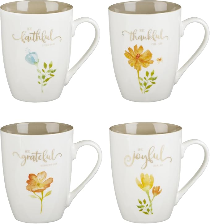 Christian Art Gifts Ceramic Coffee or Tea Mug Set for Women, Be Grateful, Faithful, Thankful, Joyful Bible Verse Mug Set, Boxed Set of 4 Coffee Cups