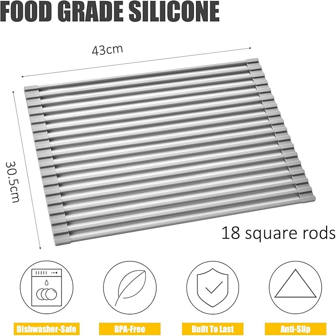 Mistifi Silicone-Coated Stainless Steel Over The Sink Multipurpose Roll-Up Dish Drying Rack, 16.9"X12.2", Heat Resistant Non Slip Dish Draining Rack BPA Free Dishwasher Safe (S, Gray)