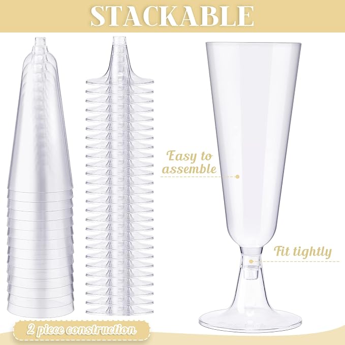 CHENGU 150 Pcs Champagne Flutes 5 Oz Plastic Disposable Champagne Flutes Crystal Wine Glasses Reusable Plastic Cocktail Cups for Wedding Celebration Toasting Drinking (Clear,Classic)