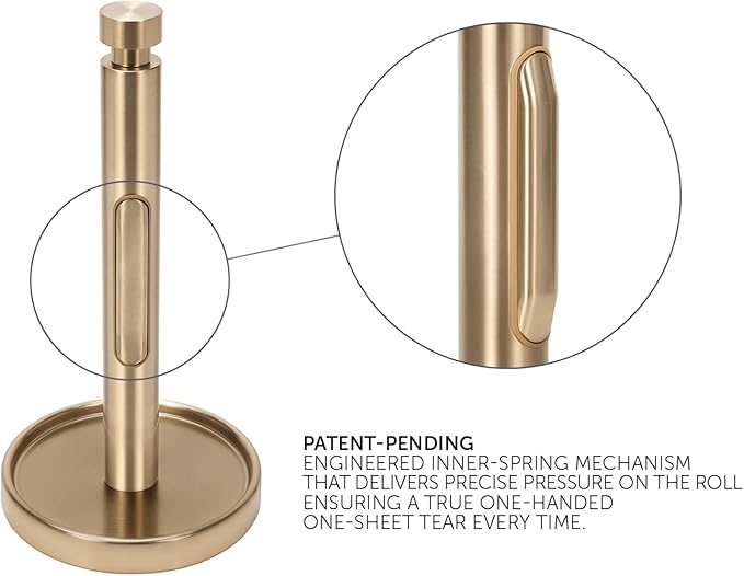Ivilon Countertop Paper Towel Holder - Weighted Heavy Duty Steel Stand with Non-Slip Base for a Steady One-Handed One Sheet Tear - Fits All Rolls - Warm Gold