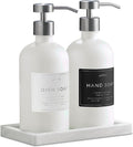 Glass Soap Dispenser Set of 2 (White) with Silicone Tray | Hand and Dish Soap Dispenser for Kitchen and Bathroom | 16.8 Oz Glass Bottles with Stainless Steel Pump & 15 Waterproof Labels (White/Silver)