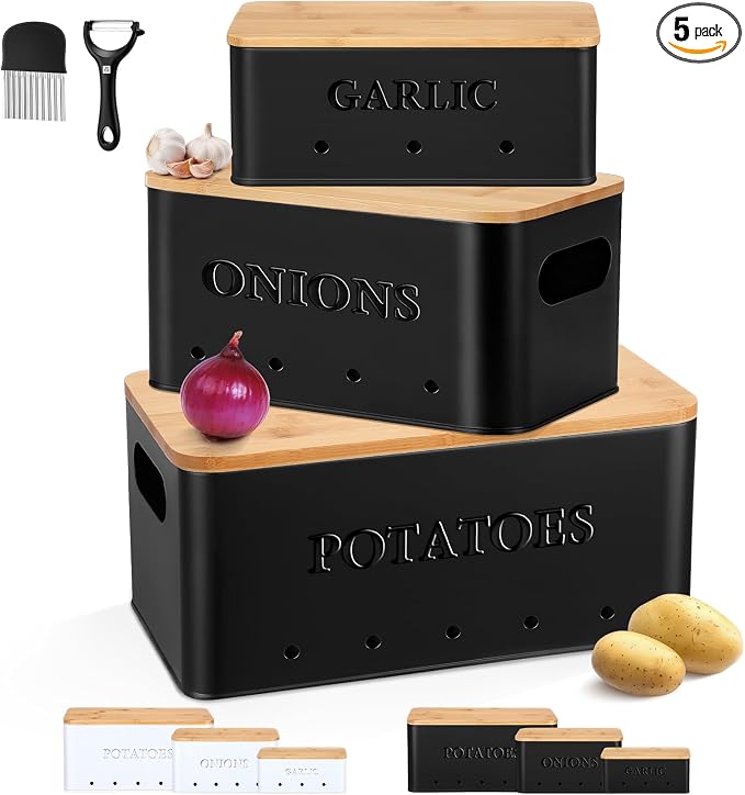 Honeydak 3 PCS Black Potato Onion Garlic Storage Bins Set, Metal Vegetable Keeper Containers with Lids Aerating Holes for Kitchen Counter Pantry Keep Fresh Longer Farmhouse for Sweet-potato Fruit