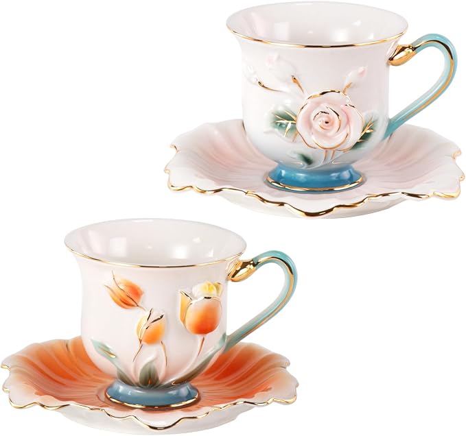 KAMMAK Tea Cups and Saucers Set of 2, Porcelain Coffee Cups, Stackable Espresso Mugs, Ceramic Demitasse for Coffee, Latte, Americano, Tea, Relief - Pink + Orange