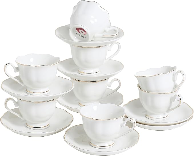 White Porcelain 75ml Demitasse Set of 8 (16-Piece) - 2.5oz Espresso Cups & Saucers, Elegant White & Gold Trim Coffee Set for Turkish Coffee, After Dinner, Gift Giving