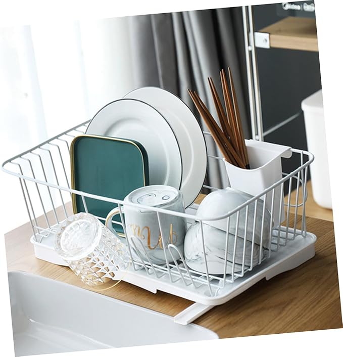 PRETYZOOM Dish Drying Rack Multi-Functional Kitchen Drainer Basket Premium Over Sink Drying for Easy Water Drainage and Stylish Organization White Iron Design