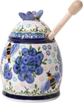 ZOOBEE 10oz Ceramic Honey Jar with Dipper and Lid,Handpainted Honey Pot with Natural Design, Small Portable Honey Container for Kitchen, Picnic-Blueberry Breeze