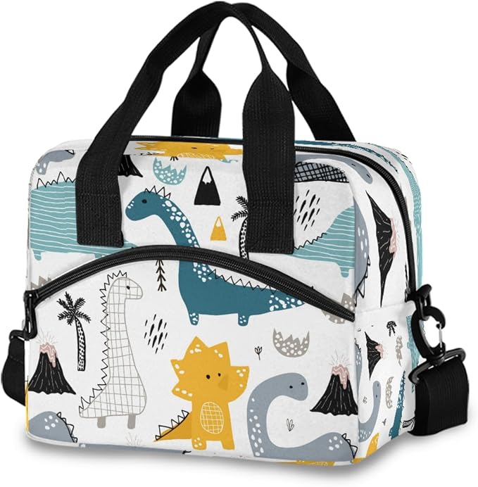OREZI Dino Scandinavian Style Lunch Bag for Boys Girls,Dinosaur Children Reusable Lunch Bags Lunch Box Container with Detachable Shoulder Strap,Insulated Lunch Coolers for School Work