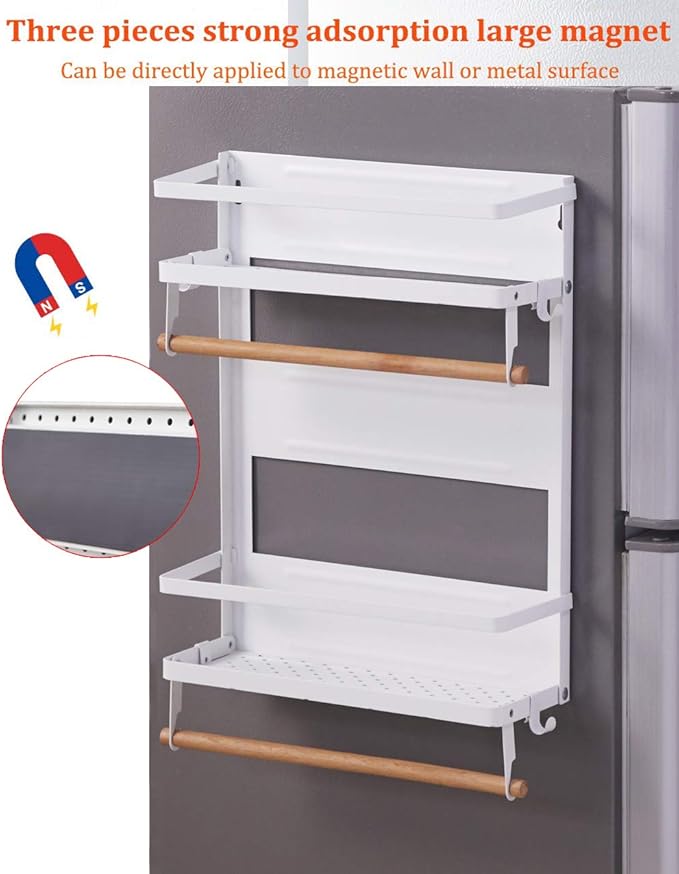 Refrigerator Magnetic Spice Rack,Foldable Kitchen Magnetic Side Storage Organizer Shelf with Wooden Holder,White