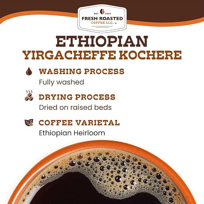 Fresh Roasted Coffee, Ethiopian Yirgacheffe Kochere Whole Bean Coffee, Medium Roast, Kosher, 12 oz