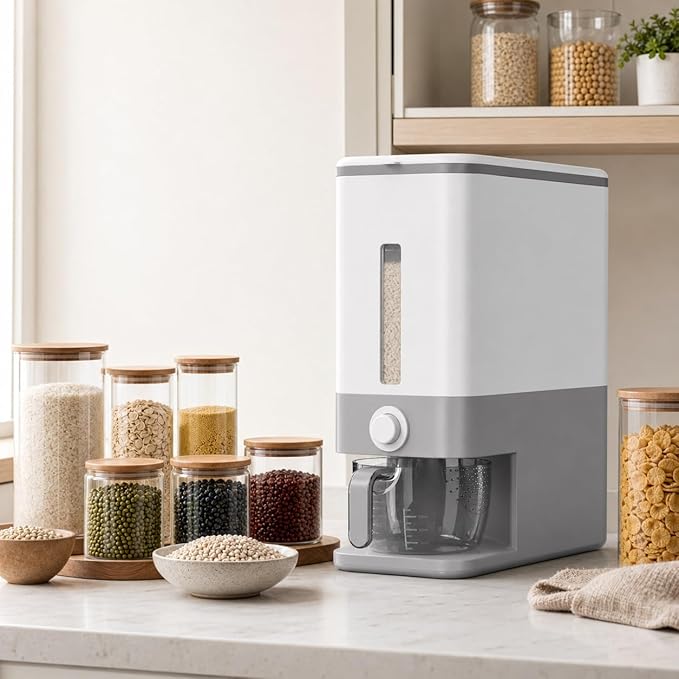 Proarea Rice Dispenser 25 Lbs, Airtight Rice and Grain Storage Container with Measuring Cup, One-Touch Dry Food Dispenser for Kitchen Pantry, Clear Scale Window, Blue