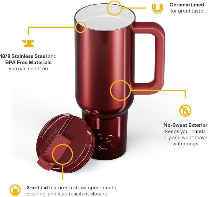 RTIC 40 oz Road Trip Tumbler Double-Walled Insulated Stainless Steel Portable Travel Coffee Mug Cup with Lid, Handle and Straw, Black Cherry Metallic
