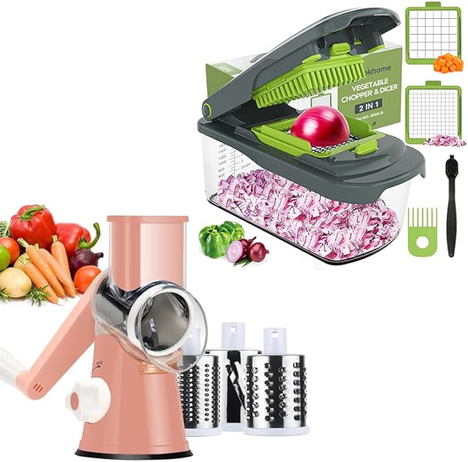 Ourokhome Rotary Cheese Grater Hand Crank, Kitchen Shredder Speed Mandolin Slicer Nuts Grinder with Handle,Vegetable Chopper Onion Cutter with Container, Multifunctional Food Chopper Veggie Dicer with