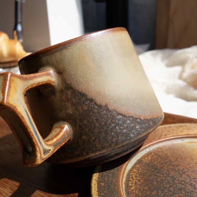 8oz Rustic Glaze Stoneware Coffee Cup & Saucer, Vintage Ceramic Mug Set, Microwave & Dishwasher Safe, Novelty Aesthetic Tea Cup, Unique Gifts Men and Women