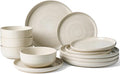 12-Piece Reactive Glaze Stoneware Dinnerware Sets for 4 - Coupe Plates and Bowls with Speckles & Spirals - Chip & Scratch Resistant, Microwave & Dishwasher Safe - Rustic, Shell Beige