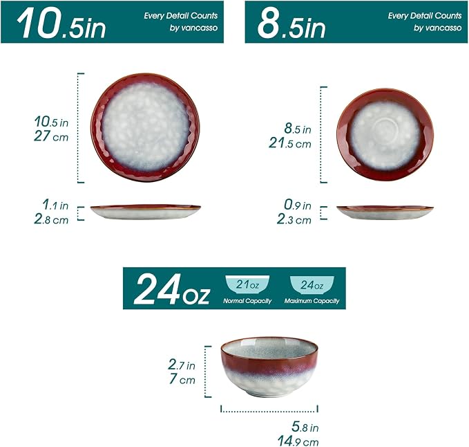 vancasso Starry Dinnerware Set for 4, Handmade Reactive Glaze Stoneware 12 Pieces Plates and Bowls Sets, Dishwasher and Microwave Safe Dish Set, Red