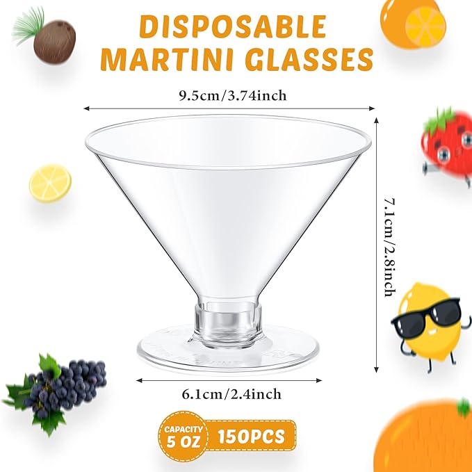 Yinkin 24 Pcs 5 oz Plastic Martini Glasses Disposable Clear Cocktail Dessert Parfait Glasses Unbreakable Mini Martini Cups for Wedding Party Bowl Wine Ice Cream