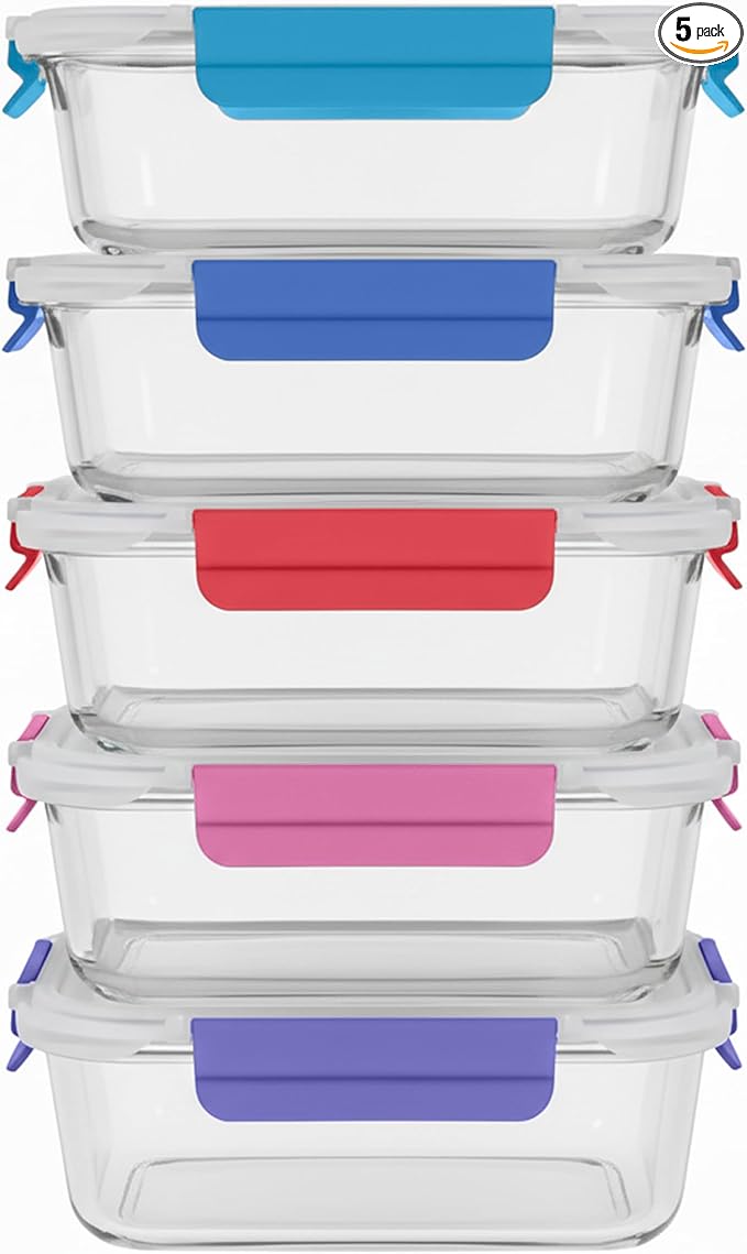 ECOBERI 4.5 Cup Glass Meal Prep Containers with Lids & Silicone Sleeves, 5-Pack Airtight, Leak-Resistant Food Storage Containers for Fridge, Freezer, Oven & Microwave