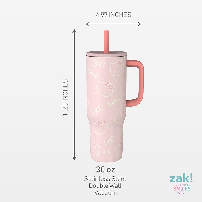 Zak Designs Sanrio Sutton Travel Tumbler for On the Go, 30oz Stainless Steel with Vacuum Insulation, Silicone Straw, and Carry Handle for Cold Drinks (Hello Kitty)