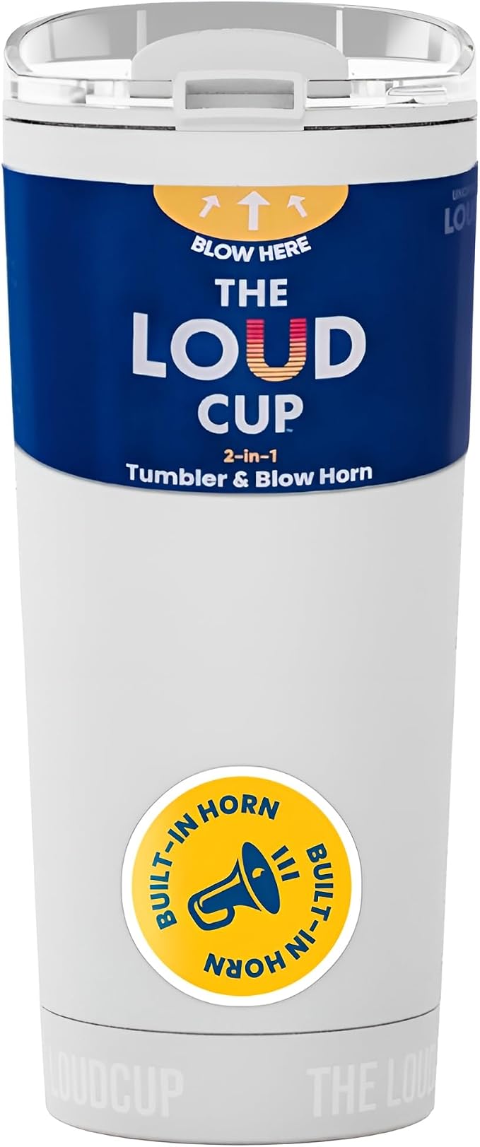 The LoudCup Blow Horn Tumbler, Cheer & Sip 2-in-1 Reusable Water Bottle with Built-In Horn for Sports Games, Tailgates, Parties & Events, BPA-Free, 16 oz, Ice White