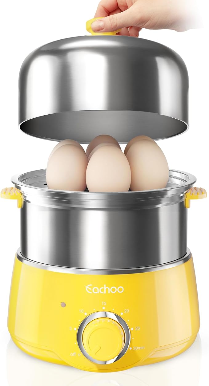 CACHOO Hard Boiled Egg Cooker, Stainless Steel Egg Boiler with 30-Min Timer | 14 Eggs, Auto Shut Off & Dishwasher Safe, Compact Electric Vegetable Steamer for Cooking, Yellow