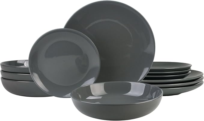 10 Strawberry Street 12 Piece Coupe Stoneware Dinnerware Set with Dinner Bowl, Service for 4, Dark Gray