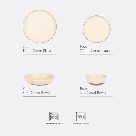 Gibson Elite Laguna Bliss 16 Piece Stoneware Reactive Glaze (Service for 4) Ceramic Plates and Bowls Dinnerware Set - Matte Cream White W/Terracotta Bottom