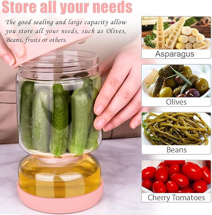 Homnoble Pickle and Olive Hourglass Jar with Strainer Flip for Juice Separator from Wet and Dry, Upgrade Food-grade ABS Lid and BPA Free Hourglass Pickle Jar for Airtight Food Storage, Pink