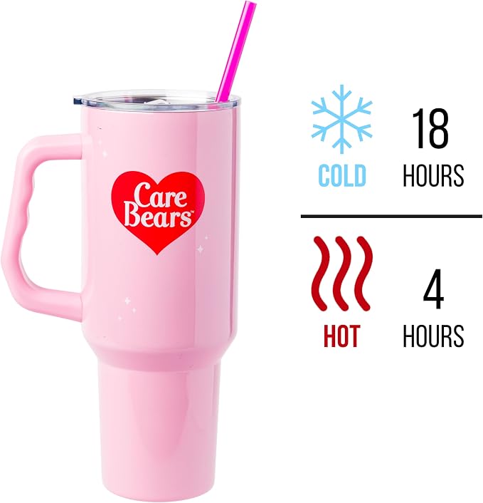 Silver Buffalo Care Bears “Mood” Double Walled Stainless Steel Tumbler with Handle Featuring Love-A-Lot Bear, Fits in Standard Cup Holder, 40 Ounces