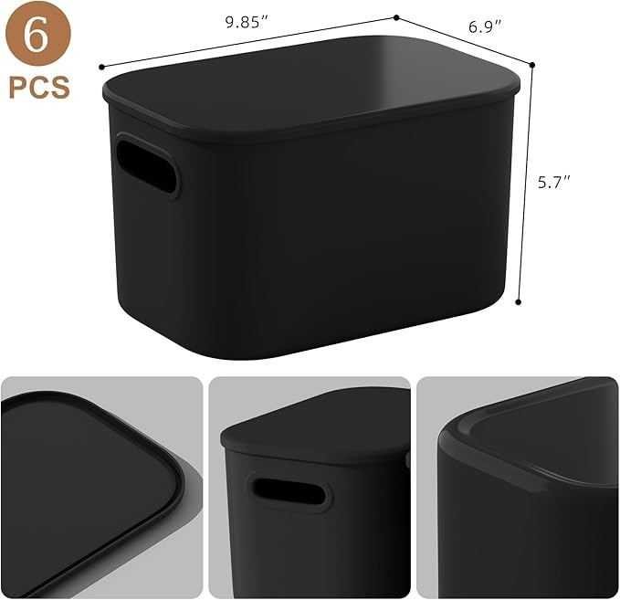 ORGIDOL 8 Pack Black Storage Bins with Lids Stackable Storage Container for Organizing, Black Storage Boxes with Handle for Shelves, Cute Organizer Bins for Craft, Snacks, 9.85x6.9x5.7 inch