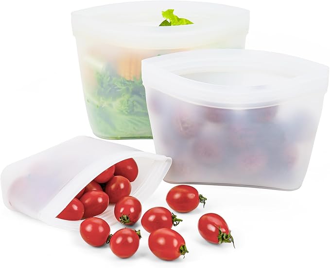 Ziplock Silicone Food Storage Bags Freezer, Bundle of 3 Compartment Silicone Bento Box Adult Lunch Container, Microwave Oven Dishwasher Safe