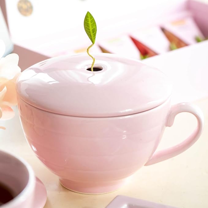 Tea Forte Porcelain Tea Cup and Lid, Steeps 8 oz., Microwave & Dishwasher Safe, Café Cup Rose Pink