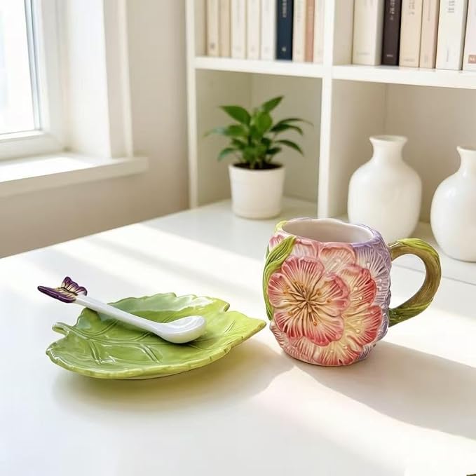 Floral Butterfly Ceramic Cup and Saucer Set - Cute Hand-Painted Sakura Flower Mug with Leaf Saucer and Spoon, Unique Tableware for Coffee/Tea Lovers