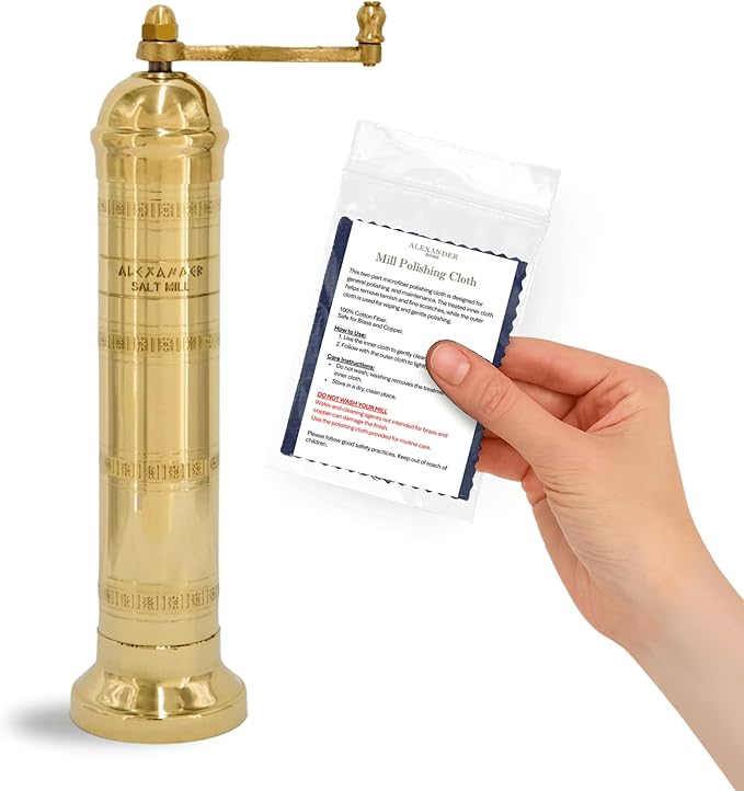 Alexander Home Original Greek Salt Mill, 9-Inch Brass – European Manual Salt Grinder, Refillable, with Polishing Cloth