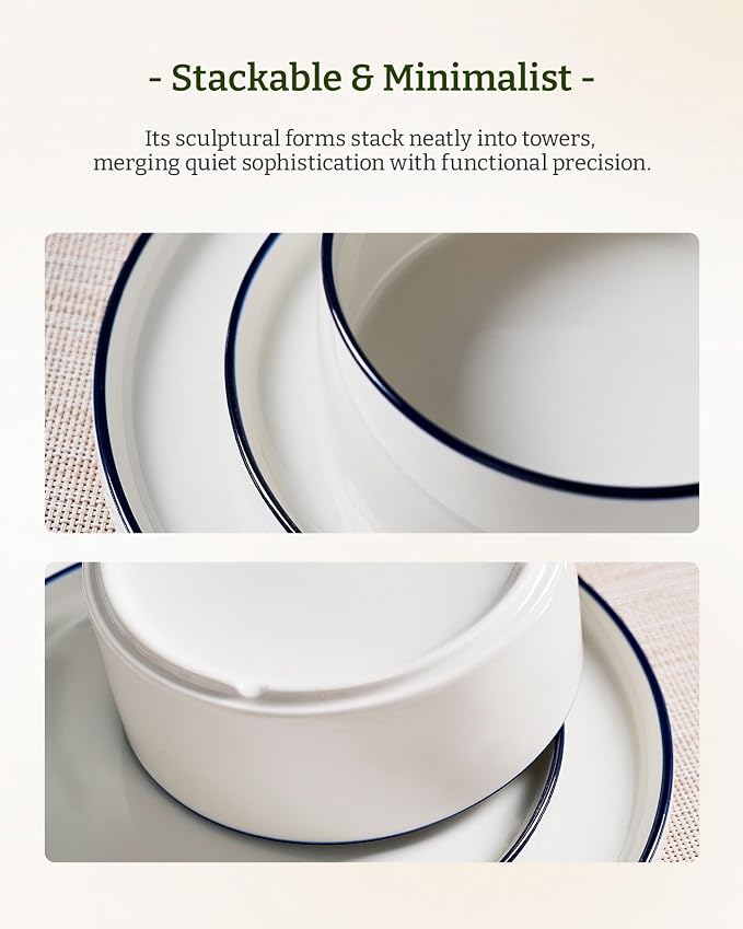 Famiware Porcelain Dinnerware Set, 12-Piece Modern Plate and Bowl Set, Dish Set for 4, Microwave and Dishwasher Safe Tableware, White with Blue Trim
