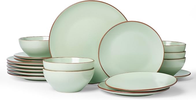 Famiware Venus Plates and Bowls Sets, 18 Pieces Stoneware Speckled Dishes Dinnerware Set for 6, Light Green - Microwave & Dishwasher Safe, Modern Minimalist, for Everyday Meals & Formal Dining